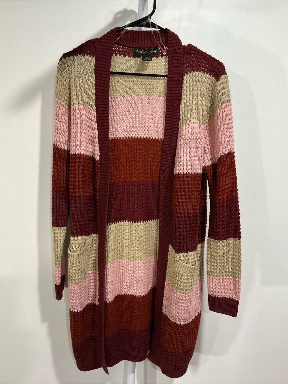 Open-Front Striped Cardigan Sweater - Pink, Burgundy, Cream